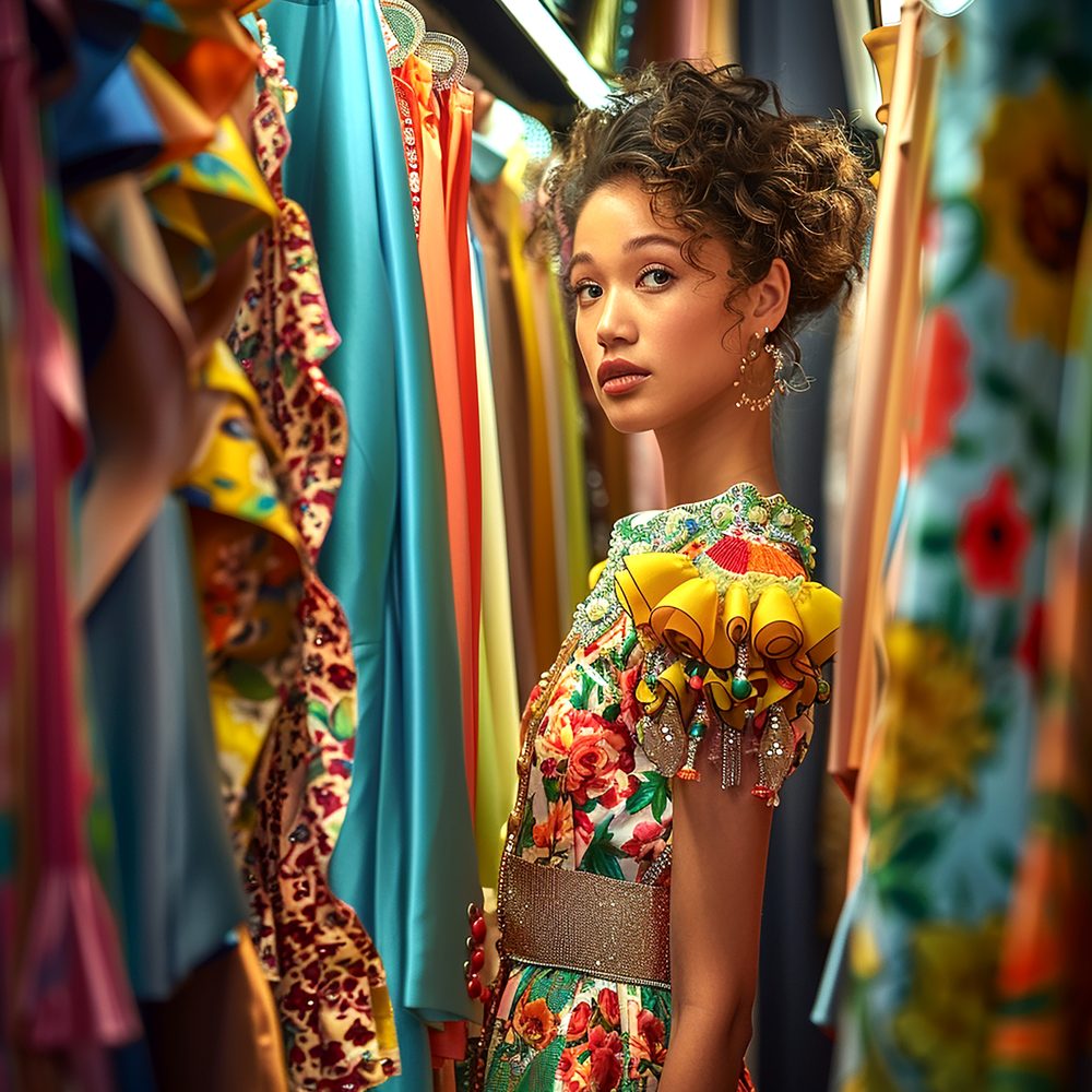 Cliente vérifiant la coupe d’une robe à motifs devant un miroir.