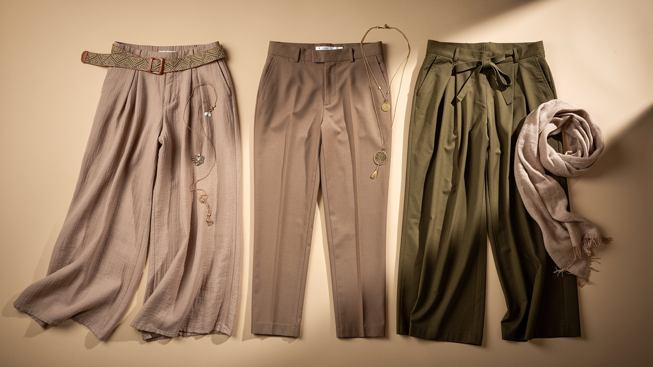 Comparatif visuel en studio de trois pantalons aux coupes différentes : ample fluide, droit et large, avec des accessoires bohèmes sobres, sur fond neutre, mettant en valeur les textures des tissus.