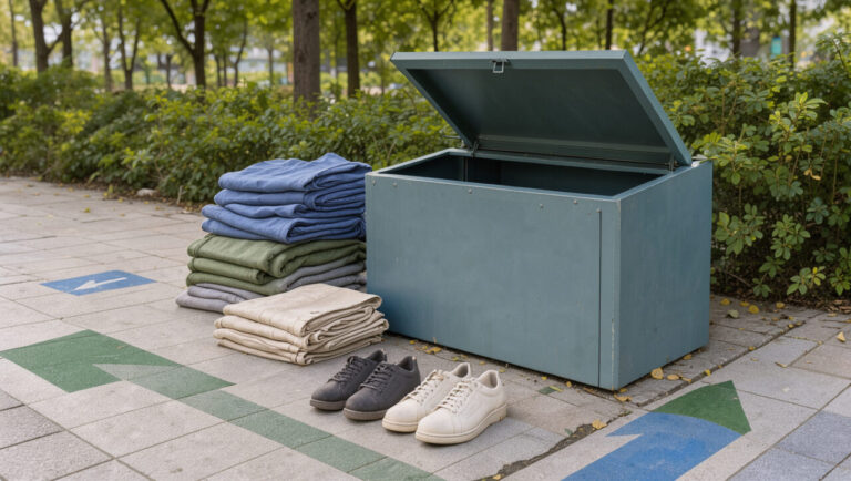 Conteneur de collecte textile propre entouré de vêtements pliés et de chaussures dans un espace urbain aménagé.