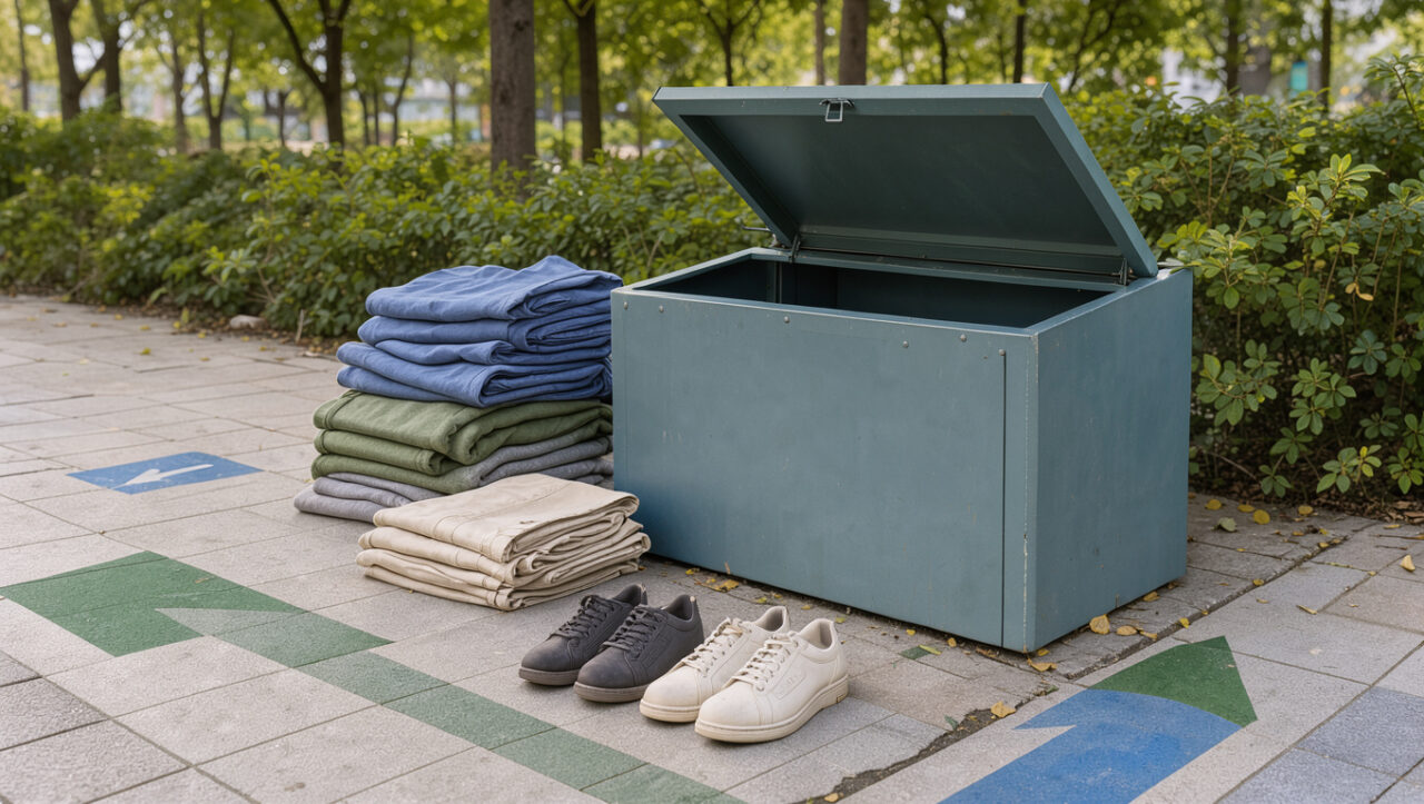 Conteneur de collecte textile propre entouré de vêtements pliés et de chaussures dans un espace urbain aménagé.
