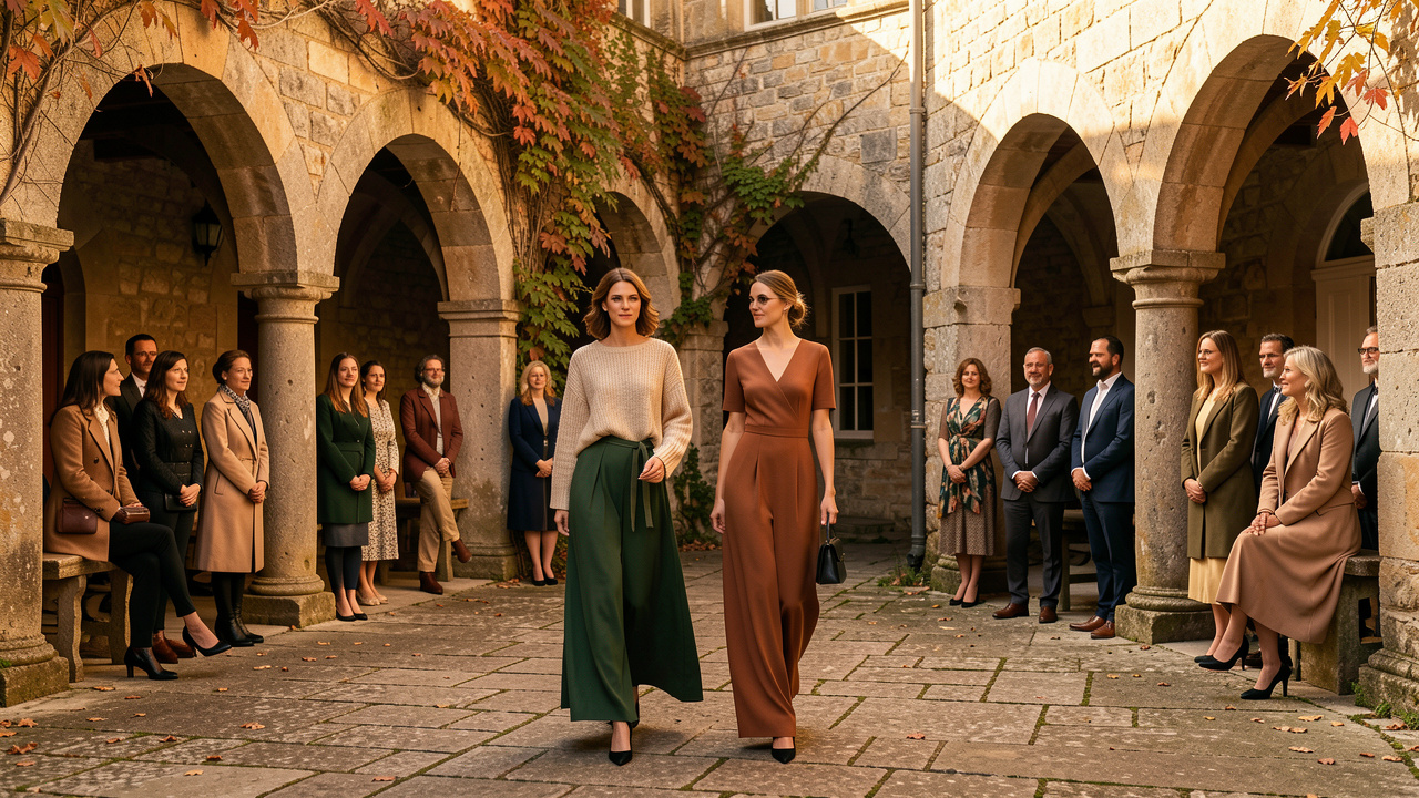 Défilé de mode de créatrices émergentes dans une cour historique bretonne, avec des silhouettes contemporaines, un public élégant et une lumière dorée d’automne.