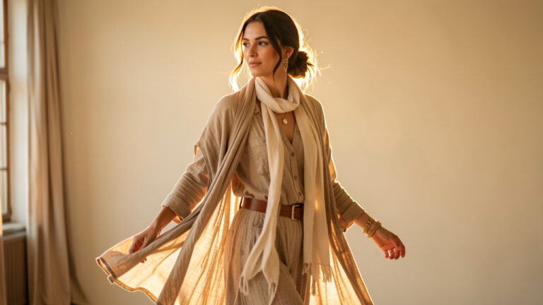 Femme élégamment vêtue en style bohème chic, tissus fluides aux tons naturels, accessoires raffinés, éclairage chaleureux et ambiance lumineuse dans un studio.