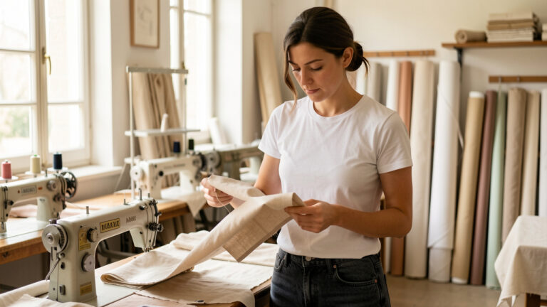 Femme portant un t-shirt blanc minimaliste et un jean brut dans un atelier textile français lumineux, avec des machines de confection et des rouleaux de tissu en arrière-plan.