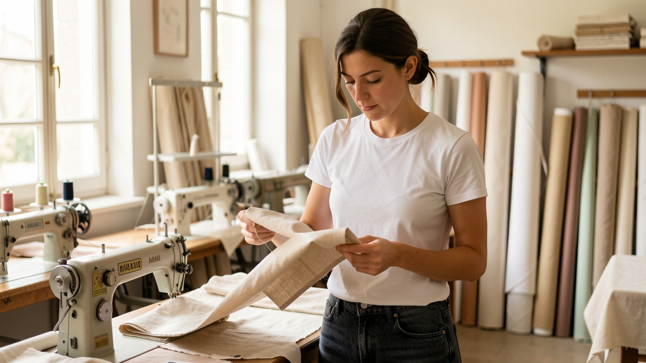 Femme portant un t-shirt blanc minimaliste et un jean brut dans un atelier textile français lumineux, avec des machines de confection et des rouleaux de tissu en arrière-plan.