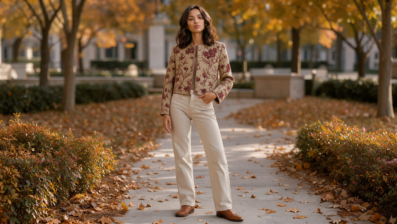 Femme portant une veste courte en jacquard floral bordeaux et kaki avec un jean écru droit, photographiée dans une douce lumière automnale.