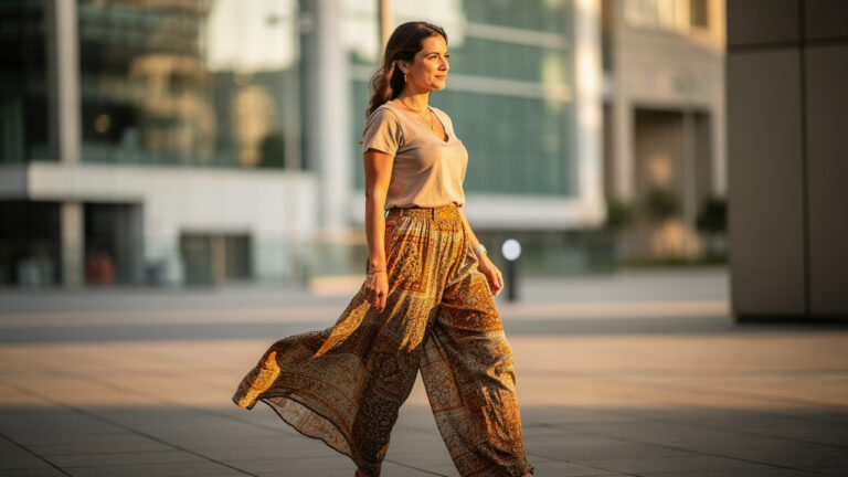 Une femme portant un pantalon bohème chic taille haute dans des tons naturels, marchant décontractée dans une ville au soleil doré.