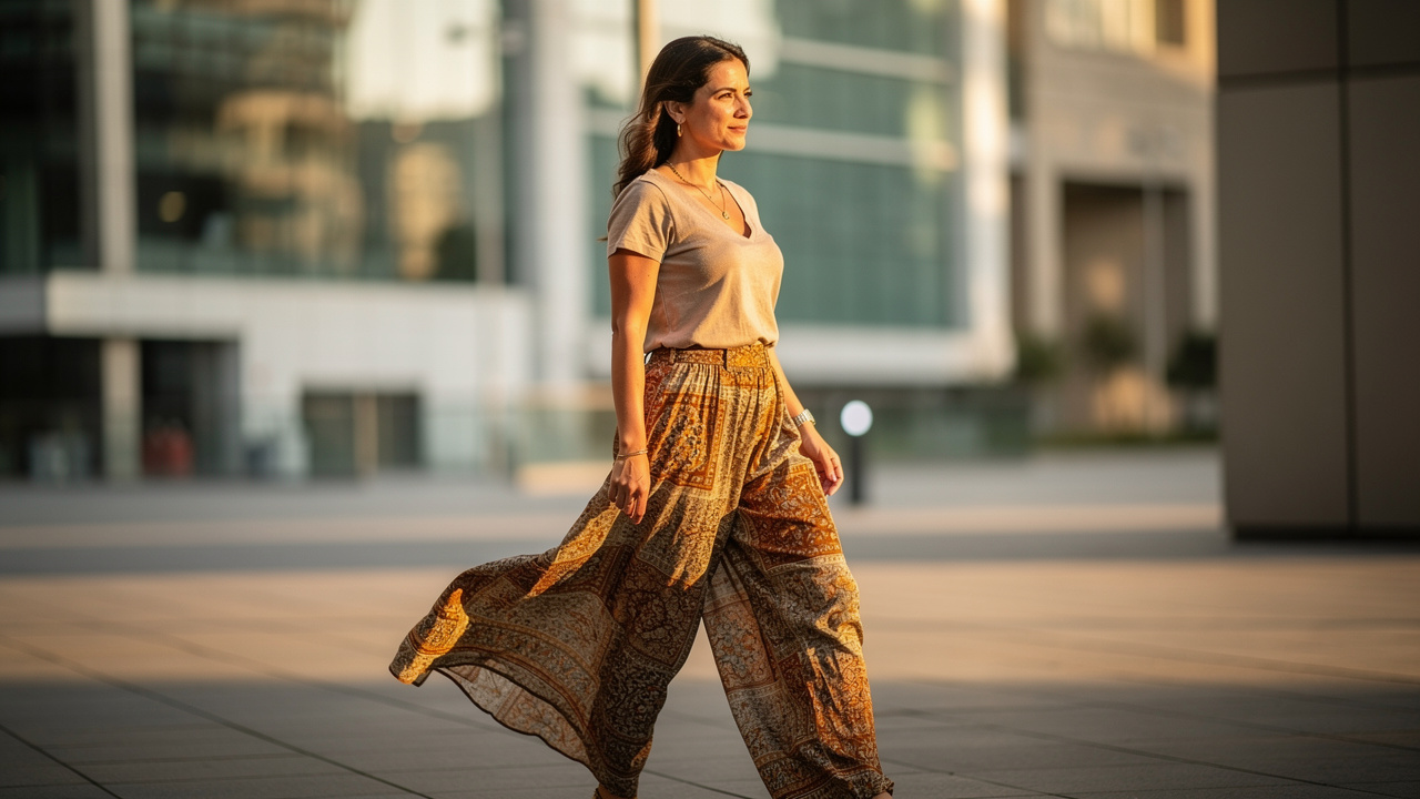 Une femme portant un pantalon bohème chic taille haute dans des tons naturels, marchant décontractée dans une ville au soleil doré.