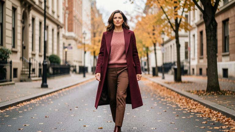 Femme élégante marchant dans une rue urbaine en automne, vêtue d’un manteau bordeaux, d’un pull rose poudré et d’un pantalon brun chocolat, sous une lumière douce.