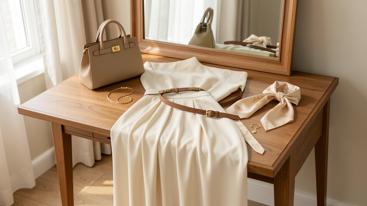 Tenue féminine élégante composée d’un chemisier crème, d’une jupe fluide, d’un sac structuré, d’une ceinture fine, d’un foulard en soie et de bijoux délicats.