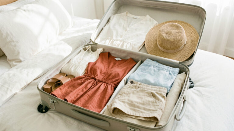 Valise cabine ouverte contenant six pièces de vêtements féminins légers et colorés pour une semaine d’été.