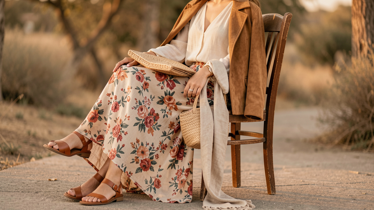 Mise en scène bohème chic d’une robe fluide, d’une blouse claire et d’une veste en daim, avec accessoires naturels comme un sac en paille et une écharpe en lin, sur une chaise en bois vintage.